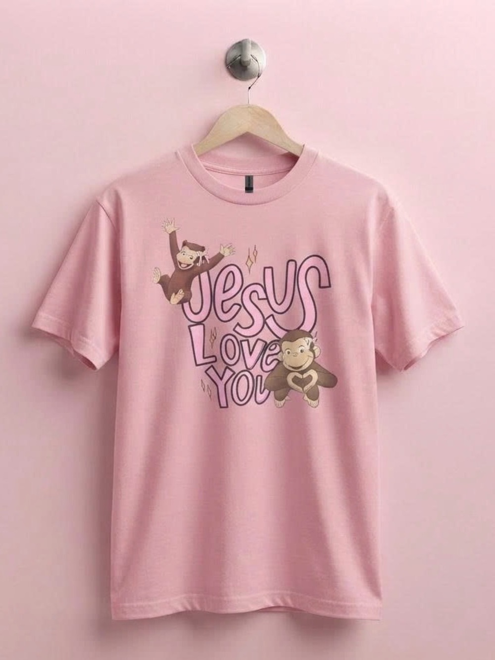 Curious George Jesus Loves You Graphic T Shirt Pink Cute Tee